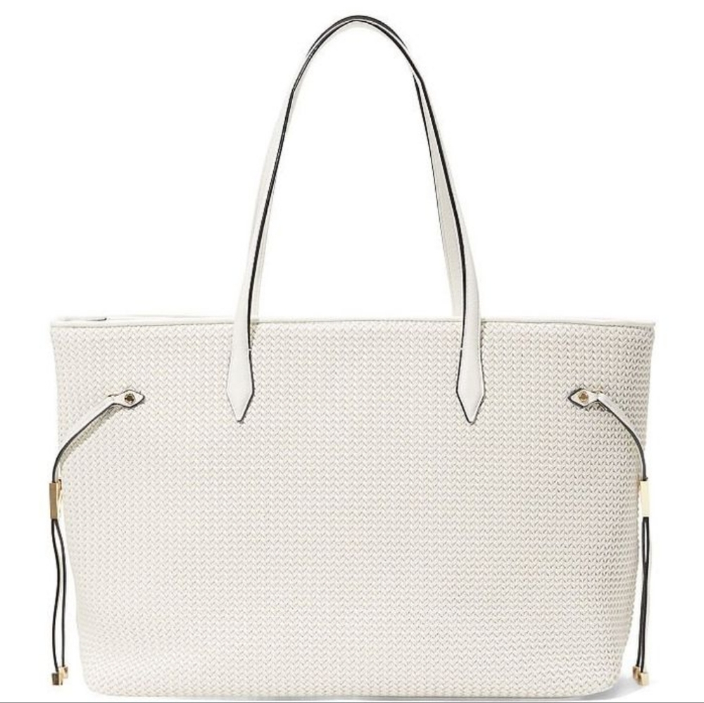 Nip luxury VS ivory faux raffia vegan gold tone v jumbo shoulder bag limited ed - Picture 2 of 8